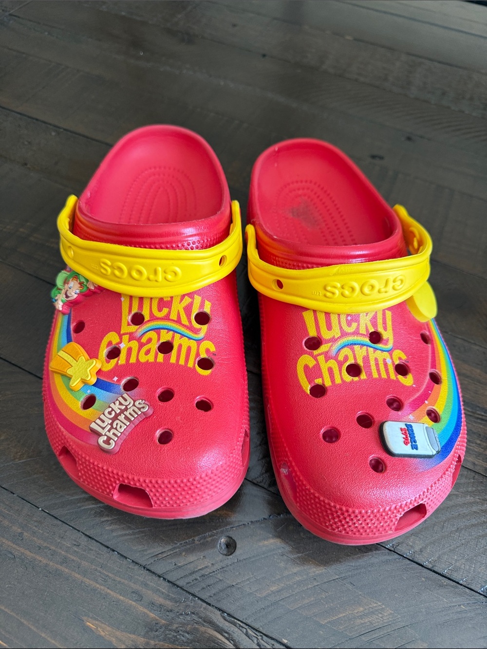 CROCS Lucky Charms Clogs in Red with Yellow Straps, Men’s size 9/Women’s size 11